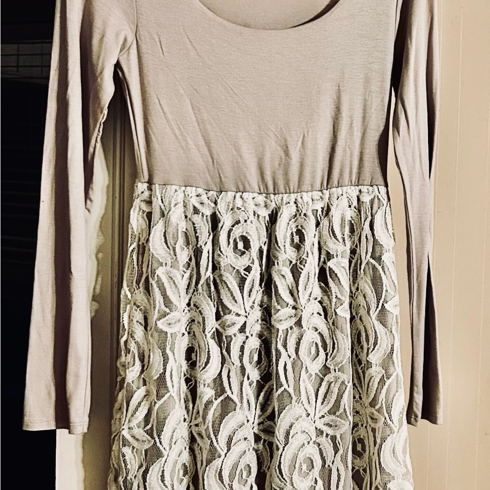 Coveted Clothing Gray and White Fit and Flare Long Sleeve Dress
